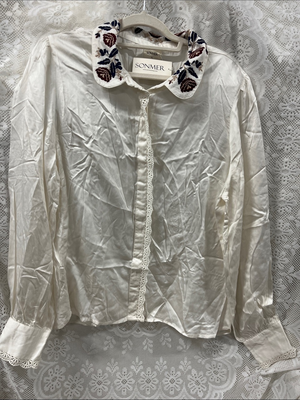 Sonmer Theresa Ecru Button-Down Blouse with Embroidered Collar XL NWT